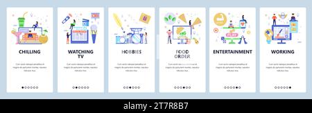 Online-Onboarding von Hobbys-Websites und mobilen Apps. Menübanner Vektorvorlage für Website- und Anwendungsentwicklung. Flaches Design. Stock Vektor