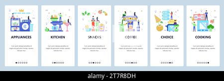 Küchen-Website und Onboarding-Bildschirme für mobile Apps. Menübanner Vektorvorlage für Website- und Anwendungsentwicklung. Flaches Design. Stock Vektor