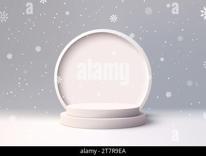 Präsentieren Sie Ihre Produkte stilvoll mit diesem minimalen Mockup zu Weihnachtsartikeln. Mit weißem Podium und schneebedecktem Hintergrund. Vektor krank Stock Vektor