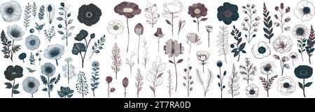 Set mit Blumenelementen. Set wunderschöner Blume. Romantische Blumensammlung mit Blumen, Zweigen, Blättern, Kräutern und Beeren. Stock Vektor