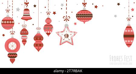 eps-Vektor-Illustration mit verschiedenen Vintage elegante weihnachtsbaumkugeln mit Ornamenten und festlichen Dekorationen rot gefärbt Stock Vektor