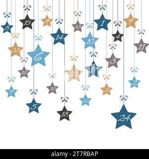 Hängende weihnachtssterne, blau gefärbt, mit Zahlen 1 bis 24, die Adventskalender für Weihnachten und Winterzeitkonzepte zeigen, weißer Hintergrund Stock Vektor