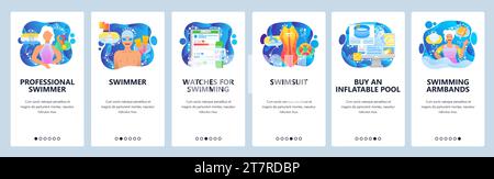 Professioneller Schwimmsportler. Wassersport, Schwimmen, Schwimmbad, Herz- und Zeitmessung. Onboarding-Bildschirme für mobile Apps. Vektorvorlage für Website Stock Vektor