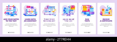 Online-Bildungstechnologie. Lernen Sie Fremdsprachen am Computer. Vokabular, Übersetzung, Wörter speichern. Bildschirme der mobilen App. Vektorvorlage für Mobilgerät d Stock Vektor