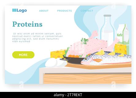 Gesunde Ernährung und ausgewogene Ration. Hühnerfleisch und -Fisch, Milchprodukte, Milch, Eier. Vektor-Website-Designvorlage. Konzept der Landing-Page-Website schlecht Stock Vektor