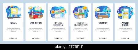Archäologische Museumsausstellung, antike Geschichtsgegenstände. Onboarding-Bildschirme für mobile Apps. Menüvektorbanner-Vorlage für Website- und mobile Entwickler Stock Vektor