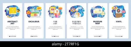 Museum für moderne Kunst, Popart, Geschichtsausstellung. Onboarding-Bildschirme für mobile Apps. Menüvektorbanner-Vorlage für Website- und mobile Entwicklung. Website Stock Vektor