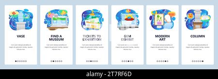 Moderne Kunstgalerie und historisches Museum, Schmuckausstellung. Onboarding-Bildschirme für mobile Apps. Menüvektorbanner-Vorlage für Website- und mobile Entwicklung Stock Vektor