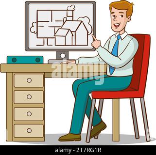 Rückansicht des Zeichentrickmannes Architekt, der an der Vektorillustration des Bauprojekts arbeitet Stock Vektor