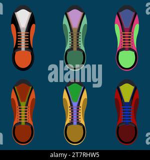 Set aus Sneakers für Fitness, Straße, Fitnessstudio, Training und Laufen. Sportliche Schuhe. Draufsicht. Farbenfrohe Kollektion. Vektorabbildung in abgewickelter Form. Stock Vektor