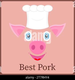 Kopf eines Schweins mit Kochmütze. Das beste Schweinefleisch. Vorlagendesign für Etiketten für Schweinefleischprodukte und andere Ideen. Lächelnde Zeichentrickfigur. Vektorabbildung. Stock Vektor