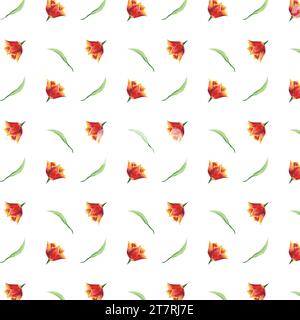 Aquarellrote Tulpenknospen und grüne Blätter nahtloses Muster. Handgezeichnete Illustration mit bunten Frühlingsblumen für Textildesign oder Geschenkpapier Stockfoto