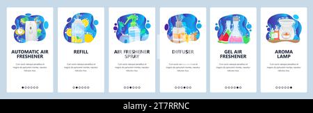 Aromadiffusor, automatischer Lufterfrischer, Aromalampe, Spray. Onboarding-Bildschirme für mobile Apps. Menüvektorbanner-Vorlage für Website- und mobile Entwicklung Stock Vektor