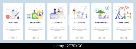 Onboarding-Bildschirme für mobile Apps. Schreiben, Einkaufen, Kochen, Lernen, Sport. Menüvektorbanner-Vorlage für Website- und mobile Entwicklung. Web s Stock Vektor