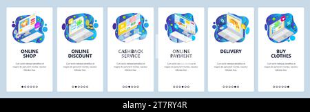 Onboarding-Bildschirme für mobile Apps. Isometrie Symbole für Online-Shopping, Cashback-Service, Lieferung und Zahlung. Menüvektorbanner-Vorlage für Website und Mo Stock Vektor