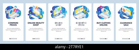 Onboarding-Bildschirme für mobile Apps. Online-Shopping und Isometrien für Unternehmen, Online-Shop, Verkauf, Preisvergleich. Menüvektorbanner-Vorlage für Web Stock Vektor