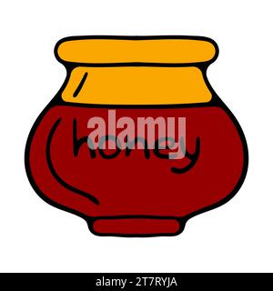 Zeichentrick-Honigtöpfe. Glastöpfe und Holzlöffel mit tropfender flüssiger Honig isolierter Vektor-Illustration Set. Transparente Honiggläser Stock Vektor