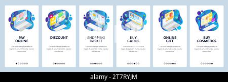 Onboarding-Bildschirme für mobile Apps. Isometrische Symbole für Online-Shopping, Online-Kauf und -Zahlung, Rabatt, Geschenke, Einkaufskorb. Menüvektorbanner-Vorlage für Web Stock Vektor