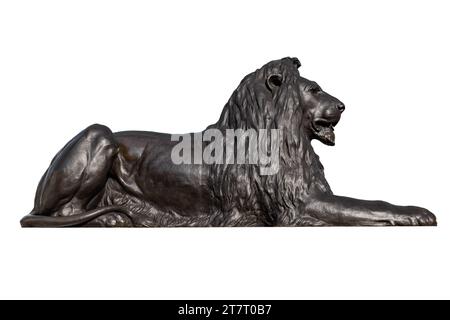 Einer der vier Löwen auf dem Trafalgar Square, der die Nelson's Column umgibt, ist allgemein als „Landseer Lions“ bekannt, isoliert auf weißem Hintergrund Stockfoto