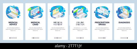 Bildschirme der mobilen App. Online-Arztkonsultation, Gesundheit und telemedizinische Isometrien, Krankengeschichte des Patienten. Vektorbanner-Vorlage für Website A Stock Vektor