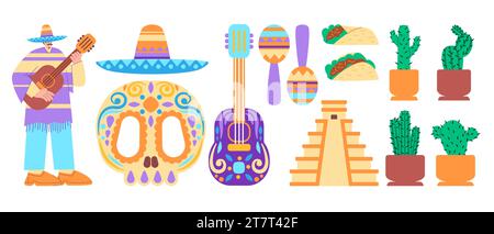 Lateinmexikanische hispanische spanische dekorative Ikone des Festivals Cinco de Mayo Skull Gitarre Sombrero Musik und Essen Stock Vektor