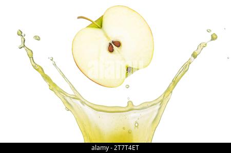 Halber Bio-Apfel, der in Kronenform fällt, Saftspritzer isoliert auf weiß. Echte Studioaufnahmen. Stockfoto