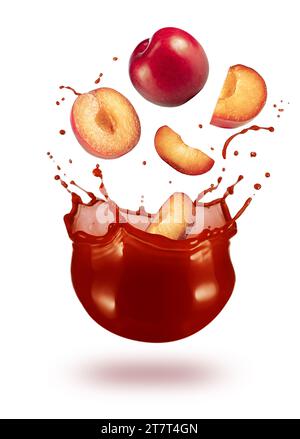 Reife rote Kirschpflaumen fallen in einen frischen Saft tropfenförmigen Spritzer isoliert auf weißem Hintergrund. Echter Studiofoto. Stockfoto