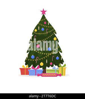 Weihnachtsbaum mit Dekorationskerzen, Stern, Süßigkeiten, Kugeln und goldenen Lampen auf weißem Hintergrund. Bunte Geschenkboxen unter der Tanne Stock Vektor