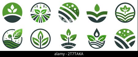 Logo für die Landwirtschaft. Symbolgruppe. Agronomie-Logo mit Pflanzen auf einem Feld auf weißem Hintergrund. Vektorabbildung. Stock Vektor