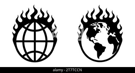 Globus-Symbole eingestellt. Schwarzes Symbol des Globus mit Flamme auf weißem Hintergrund. Globale Erwärmung oder Klimaschutzkonzept. Vektorabbildung Stock Vektor