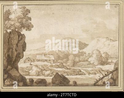 Allart van Everdingen skandinavische Flusslandschaft mit zwei Blockhütten. Stift und Pinsel in Braun, brauner Lavendel, Spuren von Deck weiß, über Graphit Bleistift. Stockfoto