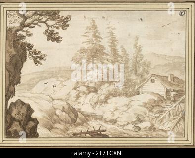 Allart van Everdingen skandinavische Flusslandschaft mit Stromschnellen und Blockhütte. Stift und Pinsel in Braun, braun, mit Graphitstift. Stockfoto