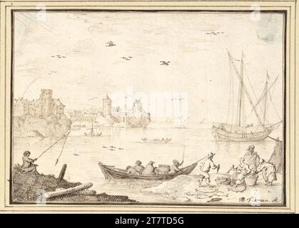 Albert Flamen Küstenlandschaft mit Fischerboot und Fischverkäufer am Strand (II-37). Feder in Braun Stockfoto