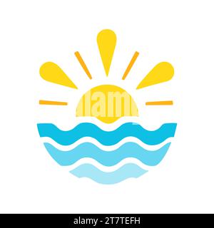 Symbol Sonne mit Wasser. Sonnenaufgang oder -Untergang über Wellen. Gelbe Sonne und welliges blaues Wasser. Vektorabbildung Stock Vektor