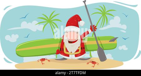 weihnachtsmann mit Stand-up-Paddel-Cartoon auf Sommer Hintergrund . Vektorabbildung Stock Vektor