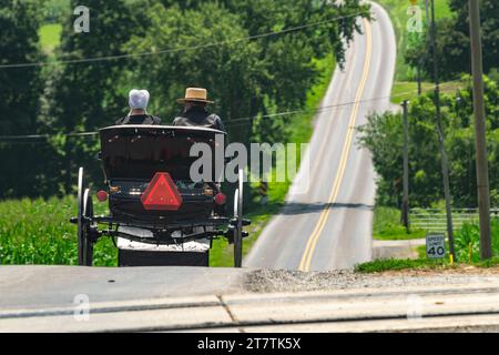 Rückansicht eines Amischen Paares in einem offenen Pferd und Buggy, der an einem sonnigen Sommertag eine Landstraße entlang fährt Stockfoto