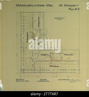 Alfred Castelliz Wien-Döbling, Haus Diemgasse 1, Wohnhaus der Gemeinde Wien, Grundriss Dachgeschoss, Zeichnung der Hausinstallationen. Papier, fest; Kopie mit Einträgen im Frühjahr (rot) und Buntstift (blau) um 1928 Stockfoto