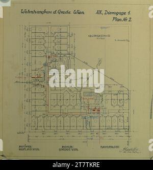 Alfred Castelliz Wien-Döbling, Haus Diemgasse 1, Wohnhaus der Gemeinde Wien, Grundrissuntergeschoss, Zeichnung der Hausinstallationen. Papier, fest; Kopie mit Einträgen im Frühjahr (rot) und Buntstift (rot, grün, blau) um 1928 Stockfoto