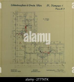 Alfred Castelliz Wien-Döbling, Haus Diemgasse 1, Wohnhaus der Gemeinde Wien, Grundriss 4. OG, Zeichnung der Hausinstallationen. Papier, fest; Kopie mit Einträgen im Frühjahr (rot) und Buntstift (rot, blau) um 1928 Stockfoto