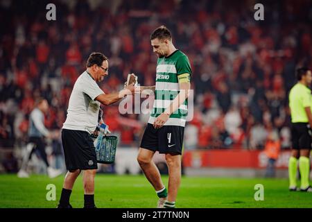 Paulinho (der Kitman des Sports) und Sebastian Coates beim Spiel der Liga Portugal 23/24 zwischen SL Benfica und Sporting CP im Estadio da Luz, Lissabon, Stockfoto