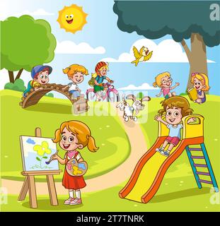 Gruppen Kinder spielen, verbringen Zeit mit Spielen, Spaß haben, herumtäuschen. Sommeraktivitäten. Kinder im Park, Sommercamp, Lehrer, Mum liest Buch. Stock Vektor