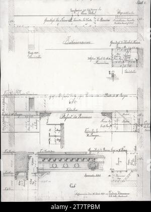 Ferdinand Kirschner (Architekt in) Wien I, Hofburg, altes Burgtheater, Proszenium, Balken, detaillierte Schnitte, Ansichten. Graphit 1871 , 1871 Stockfoto