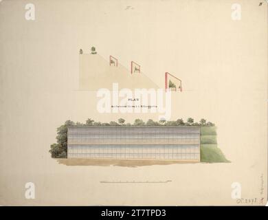 Franz Antoine d. J. (Architekt in) Wien I, Hofburg, Burggarten, Kopie der geplanten Glashäuser, offen und Querschnitt. Bleistift (Präsentation); Feder in schwarz; mehrfarbig 1847 , 1847 Stockfoto