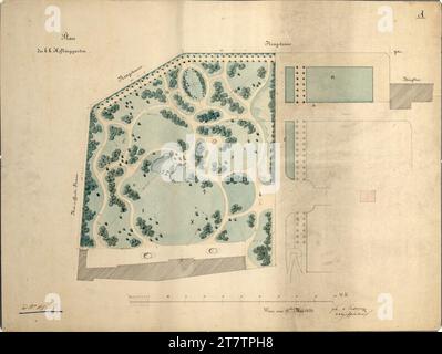 Franz Antoine d. J. (Architekt in) Wien I, Hofburg, Burggarten, Einrichtung des neu geplanten Burggartens, Gartenplan. Bleistift (Präsentation); Feder in schwarz; braune Feder; mehrfarbig 12. Mai 1863 , 12. 5. 1863 Stockfoto