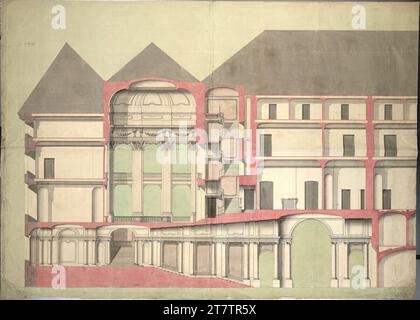 Nikolaus Franz Leonhard von Pacassi (Architekt in) Wien I, Hofburg, Amalienburg, Umbau- und Neubauprojekt, Vestibül und Treppenhaus, geschnitten. Kreide (Präsentation, Skizzen); Feder in schwarz; mehrfarbig 1763 , 1763 Stockfoto