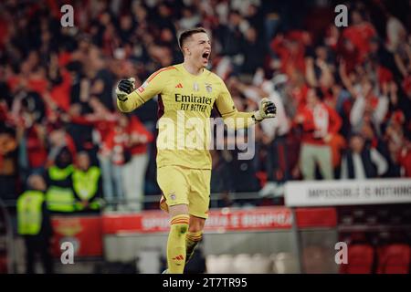 Anatoliy Trubin feiert nach der Entscheidung des VAR während des Spiels 23/24 zwischen SL Benfica und Sporting CP im Estadio da Luz, Lissabon, Portugal. Stockfoto