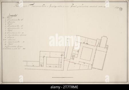 Unbestimmt (an der Entstehung Beteiligte r) Innsbruck, Hofkirche, ehemaliges Franziskanerkloster, Generalseminarium, zweiter Stock, Grundriss. Papier; Stiftzeichnung; Stempel, Konstruktion in Graphit, Feder in Grau und Schwarz, mehrfarbig, rückseitig: Stempel Stockfoto