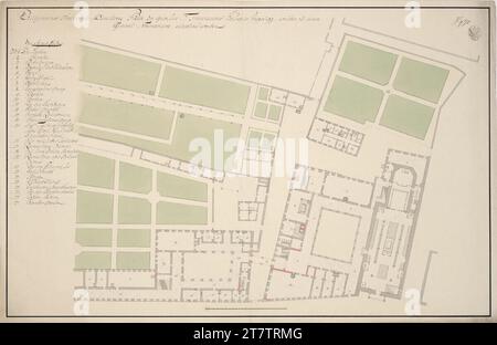 Unbestimmt (an der Entstehung Beteiligte r) Innsbruck, Hofkirche, ehemaliges Franziskanerkloster, Generalseminarium, Erdgeschoss, Grundriss. Papier; Stiftzeichnung; Stempel, Konstruktion in Graphit, Feder in Grau und Schwarz, mehrfarbig, rückseitig: Stempel Stockfoto