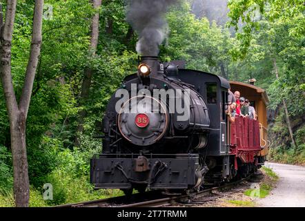 New Freedom, Pennsylvania, 17. Juni 2023 - Ein Blick auf einen sich nähernden Dampfzug, der als Passagierüberwachung Rauch bläst Stockfoto