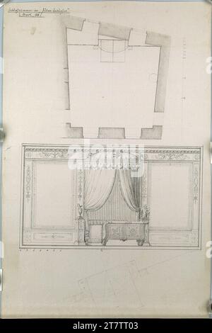 Unbestimmt Laxenburg, altes Schloss, 2. Stock, Schlafzimmer, Grundriss, orthogonale Ansicht und Profildetails. Papier; Bleistiftzeichnung; Bleistift Stockfoto